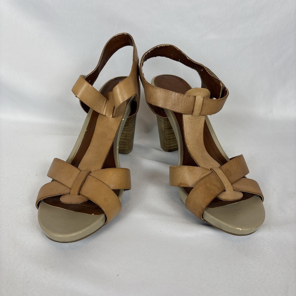 Lucky Brand Brown Tan Leather Platform Sandals 8 1/2M Block Heel Hook N Loop